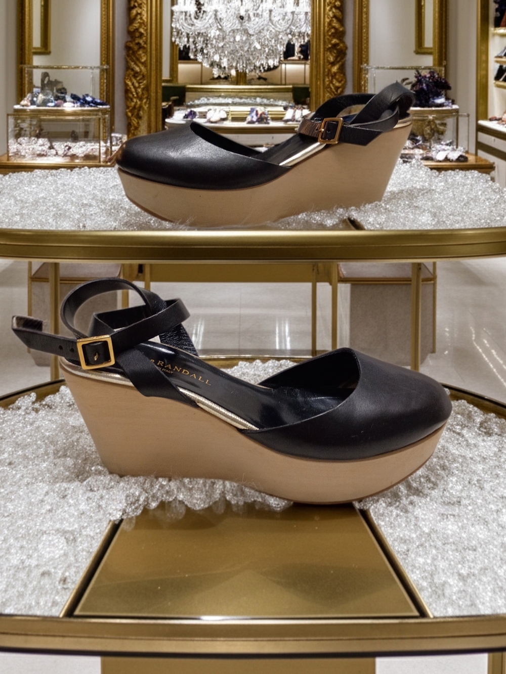 Loeffler Randall Claudette Black Leather Wedge Slingbacks with Wood Platform 7